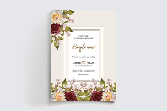 WEDDING INVITATION FRAME WITH FLOWER DECORATIONS AND FRESH LEAVES