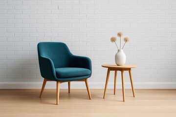 Poster - Modern teal armchair and wooden table with white vase in minimalist interior against white brick wall on light wooden floor background. Ai generative.