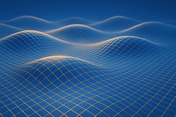 Poster - Abstract blue grid waves with glowing lines forming a dynamic digital landscape over smooth undulating surface background in light and graphic style.