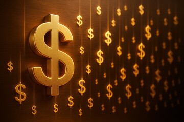 Poster - Golden dollar signs hanging on strings with glowing light effect on dark background, showcasing a financial success and wealth concept in graphic style.