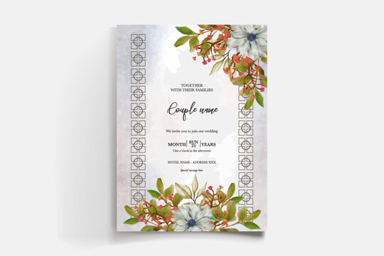 WEDDING INVITATION FRAME WITH FLOWER DECORATIONS AND FRESH LEAVES