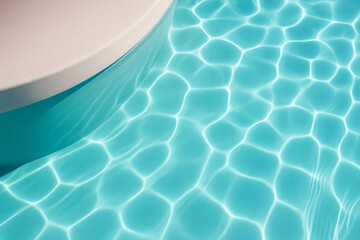 Poster - Abstract light patterns on turquoise water surface next to curved white structure in minimalistic summer background. Ai generative.