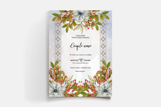 WEDDING INVITATION FRAME WITH FLOWER DECORATIONS AND FRESH LEAVES