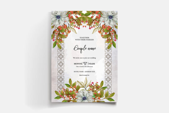 WEDDING INVITATION FRAME WITH FLOWER DECORATIONS AND FRESH LEAVES