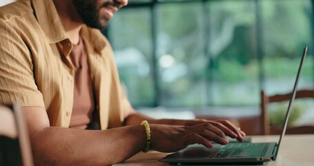 Poster - Hands, laptop and typing with remote work man in home office for online planning or research. Computer, keyboard and report with freelance employee at desk in apartment for small business startup