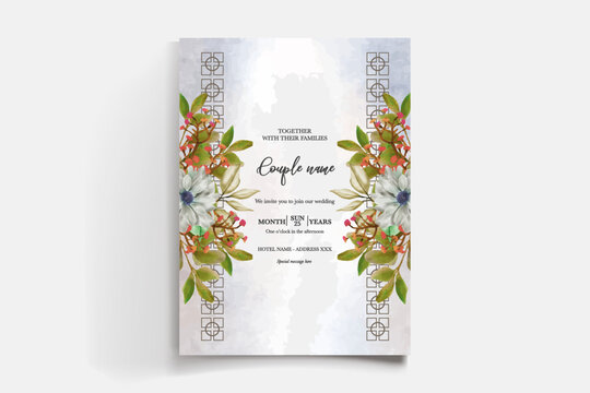 WEDDING INVITATION FRAME WITH FLOWER DECORATIONS AND FRESH LEAVES