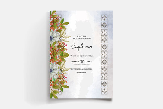 WEDDING INVITATION FRAME WITH FLOWER DECORATIONS AND FRESH LEAVES