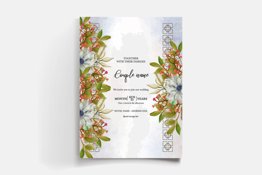 WEDDING INVITATION FRAME WITH FLOWER DECORATIONS AND FRESH LEAVES