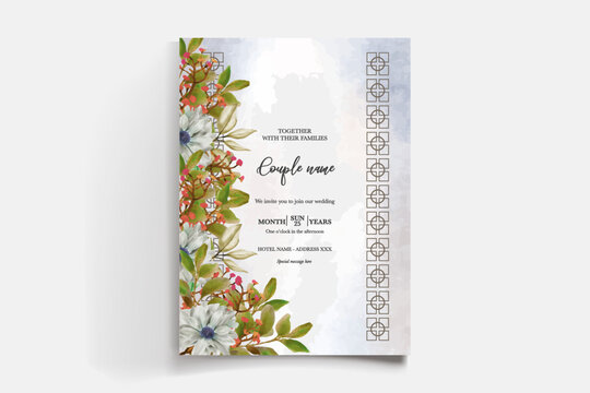 WEDDING INVITATION FRAME WITH FLOWER DECORATIONS AND FRESH LEAVES