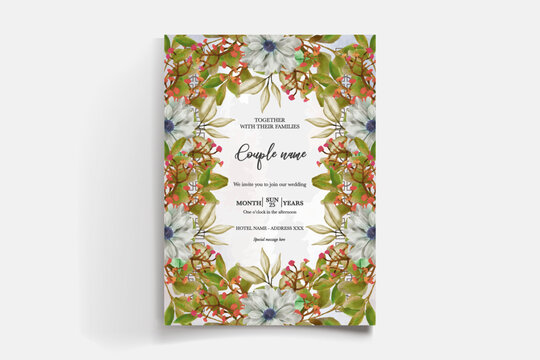 WEDDING INVITATION FRAME WITH FLOWER DECORATIONS AND FRESH LEAVES