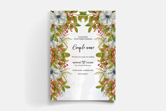 WEDDING INVITATION FRAME WITH FLOWER DECORATIONS AND FRESH LEAVES