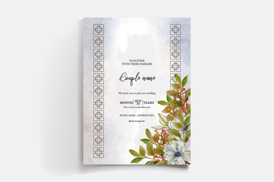 WEDDING INVITATION FRAME WITH FLOWER DECORATIONS AND FRESH LEAVES