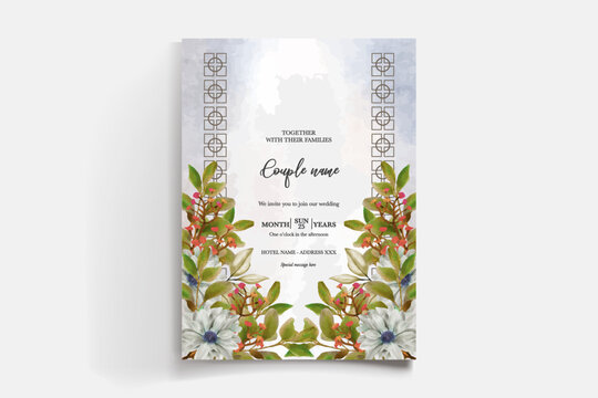 WEDDING INVITATION FRAME WITH FLOWER DECORATIONS AND FRESH LEAVES