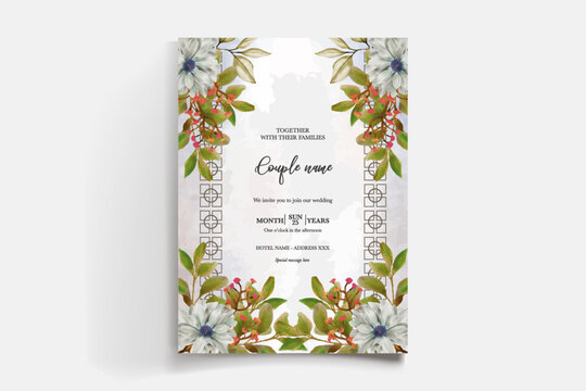 WEDDING INVITATION FRAME WITH FLOWER DECORATIONS AND FRESH LEAVES
