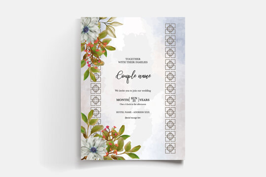 WEDDING INVITATION FRAME WITH FLOWER DECORATIONS AND FRESH LEAVES