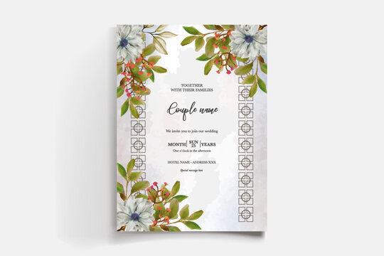 WEDDING INVITATION FRAME WITH FLOWER DECORATIONS AND FRESH LEAVES
