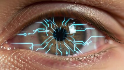 Poster - Cybernetic eye with circuit board overlay representing artificial intelligence and technology