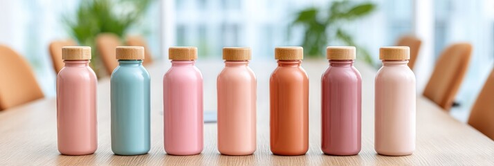 Aufkleber - Pastel Colorful Bottles with Wooden Caps in Minimalist Modern Style for Trendy Eco Packaging and Sustainable Lifestyle Branding Concept