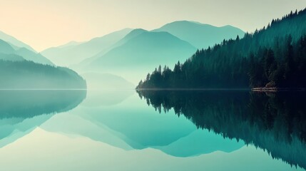 Poster - Serene Mountain Lake Reflection at Dawn with Misty Forest Silhouettes - Tranquil Nature Scene for Wellness and Mindfulness Content