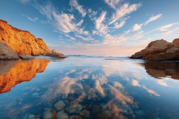 Poster - Serene Rocky Shoreline at Sunset with Clear Reflective Water and Dramatic Sky - Natural Landscape for Travel and Wellness Marketing