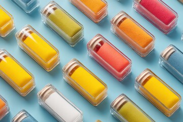 Aufkleber - Colorful Minimalist Glass Bottles with Capsules in Flat Lay Pattern on Pastel Blue Background for Modern Packaging and Wellness Brand Inspiration