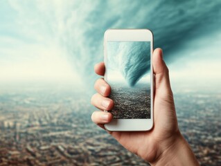 Aufkleber - Tornado Warning on Smart Phone Screen with Hand Hold, Urban Background, Emergency Alert for Weather Safety and Instant Disaster Communication