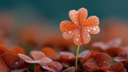 Poster - Rare Four-Leaf Clover with Morning Dew Drops Standing Out in Field Symbolizing Unique Fortune and Exceptional Opportunity for Lucky Charm Marketing