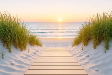 Aufkleber - Wooden pathway through beach grass leading to tranquil sea under soft golden sunrise light with gentle waves and peaceful natural atmosphere.