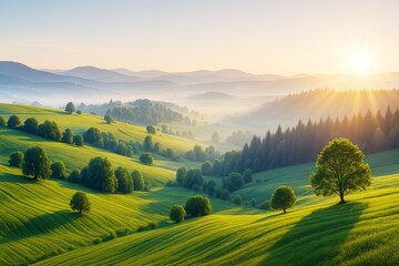Poster - Rolling green hills with sunlit trees and misty mountains in the background during sunrise, peaceful nature landscape concept scene.