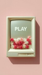 Leinwandbilder - Retro TV Display with PLAY Text and Colorful Pom Poms on Soft Pink Background for Nostalgic Digital Media and Creative Marketing Concepts