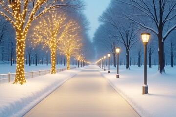 Poster - Winter park pathway with glowing tree lights and lamp posts creating magical seasonal ambiance in a snowy nature landscape background concept.