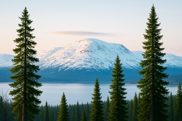 Poster - Snow-covered mountain landscape with tall pine trees and calm lake in soft morning light, showcasing serene nature and peaceful environment.