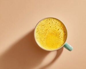 Aufkleber - Vibrant Turmeric Latte in Ceramic Mug on Neutral Surface with Foam Texture - Minimalist Wellness Beverage for Clean Eating and Modern Health Trends