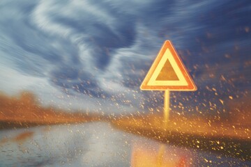 Poster - Tornado Warning Sign on Wet Road with Stormy Sky Seen Through Raindrop-Covered Window for Weather Alerts and Travel Safety Awareness