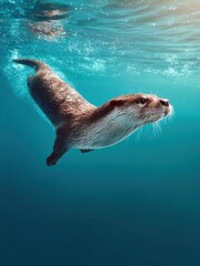 Poster - Vibrant Pop Art European River Otter Swimming Underwater Symbolizing Aquatic Ecosystem Balance and Environmental Conservation Marketing