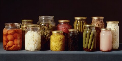 Aufkleber - Transparent Glass Jars with Various Preserved Foods Arranged in Orderly Row on Dark Surface for Sustainable Storage and Emergency Preparedness
