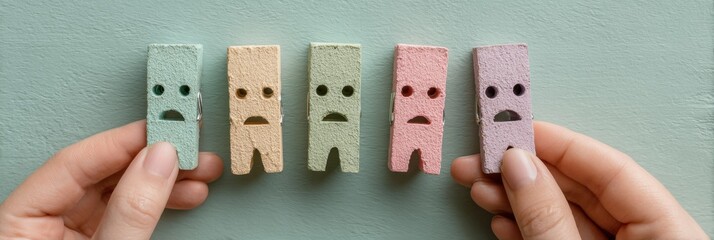 Poster - Pastel Clothespins with Expressive Faces on Minimalist Background Representing Customer Feedback and Service Evaluation for Modern Branding