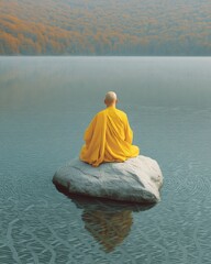 Aufkleber - Serene Monk Meditating Alone on Rock by Tranquil Misty Lake Surrounded by Autumn Foliage for Mindfulness and Wellness Content