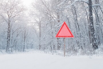 Aufkleber - Bright Winter Storm Warning Sign in Snowy Forest with Vibrant Red Contrast for Seasonal Safety and Weather Alert Communication in Outdoor Settings