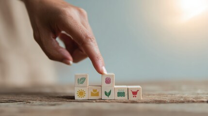 Poster - Sustainable Business Ethics Concept with Finger Pointing at Wooden Blocks Featuring Corporate Responsibility and Governance Icons for Modern Compliance
