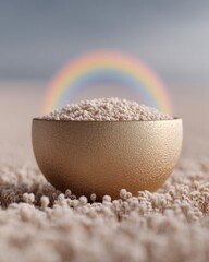 Aufkleber - Textured Gold Bowl Filled with White Grains on Neutral Field with Soft Rainbow Glow Modern Minimalist Still Life for Lifestyle and Wellness Marketing