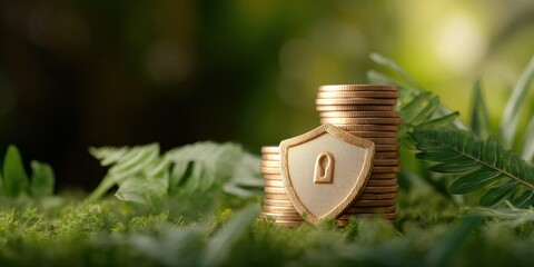 Poster - Gold Privacy Coin Shield with Embossed Lock Emblem and Stacked Coins on Natural Background - Financial Security Marketing and Protected Wealth Concept