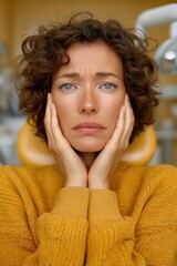 Poster - Woman Experiencing Dental Anxiety with Pained Expression in Clinical Setting Healthcare Marketing for Patient Comfort and Mental Wellbeing