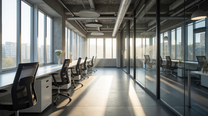 Poster - Modern office space with large windows, natural light, and sleek furniture creates productive atmosphere. minimalist design enhances focus