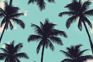 Poster - Dark silhouettes of palm trees rising towards a light blue sky, evoking a tropical and vintage vibe