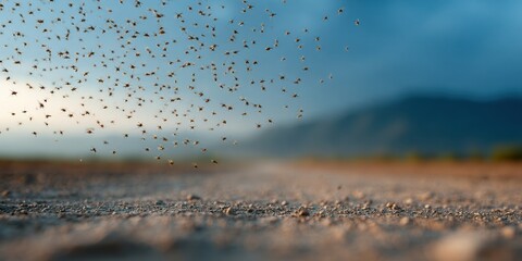 Poster - Mosquito Swarm in Flight over Rural Landscape at Dusk Highlighting Insect Outbreaks for Public Health Awareness and Environmental Cycle Monitoring