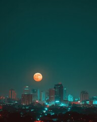 Poster - Vibrant full moon rising over illuminated urban cityscape at night, symbolizing dynamic nightlife energy and modern urban lifestyle opportunities