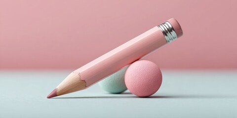 Aufkleber - Minimalist Pink Pencil with Pastel Spheres on Soft Pink Background - Modern Creative Workspace and Design Inspiration Concept
