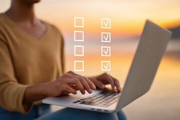 Aufkleber - Businesswoman using laptop with digital checklist interface for compliance verification at sunset, representing corporate governance and regulatory adherence