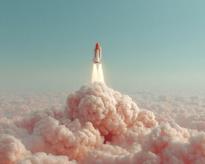 Poster - Futuristic launch vehicle rocket ascending through vibrant clouds with dramatic vapor plume, showcasing advanced space technology and human innovation